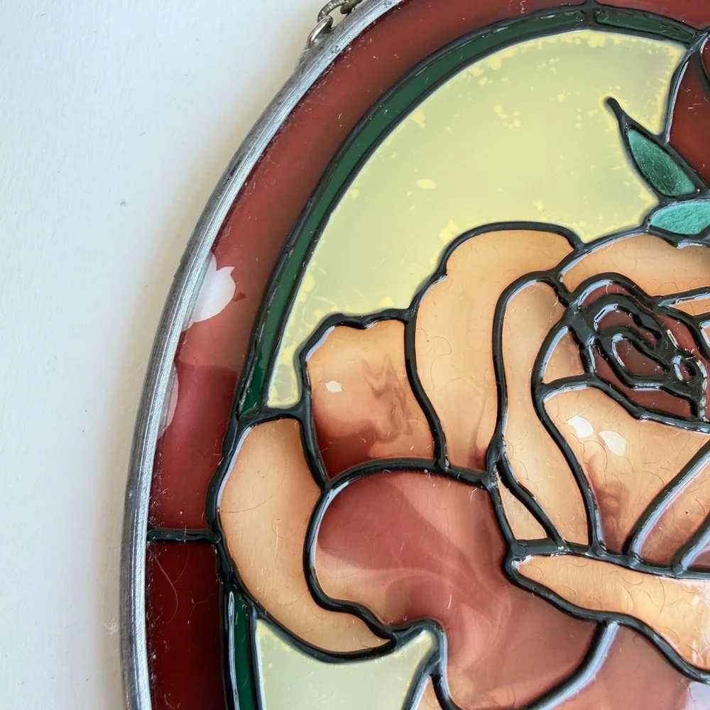Vintage 1987 JBD Oval Rose Stained Glass Suncatcher Amber Burgundy Floral Art